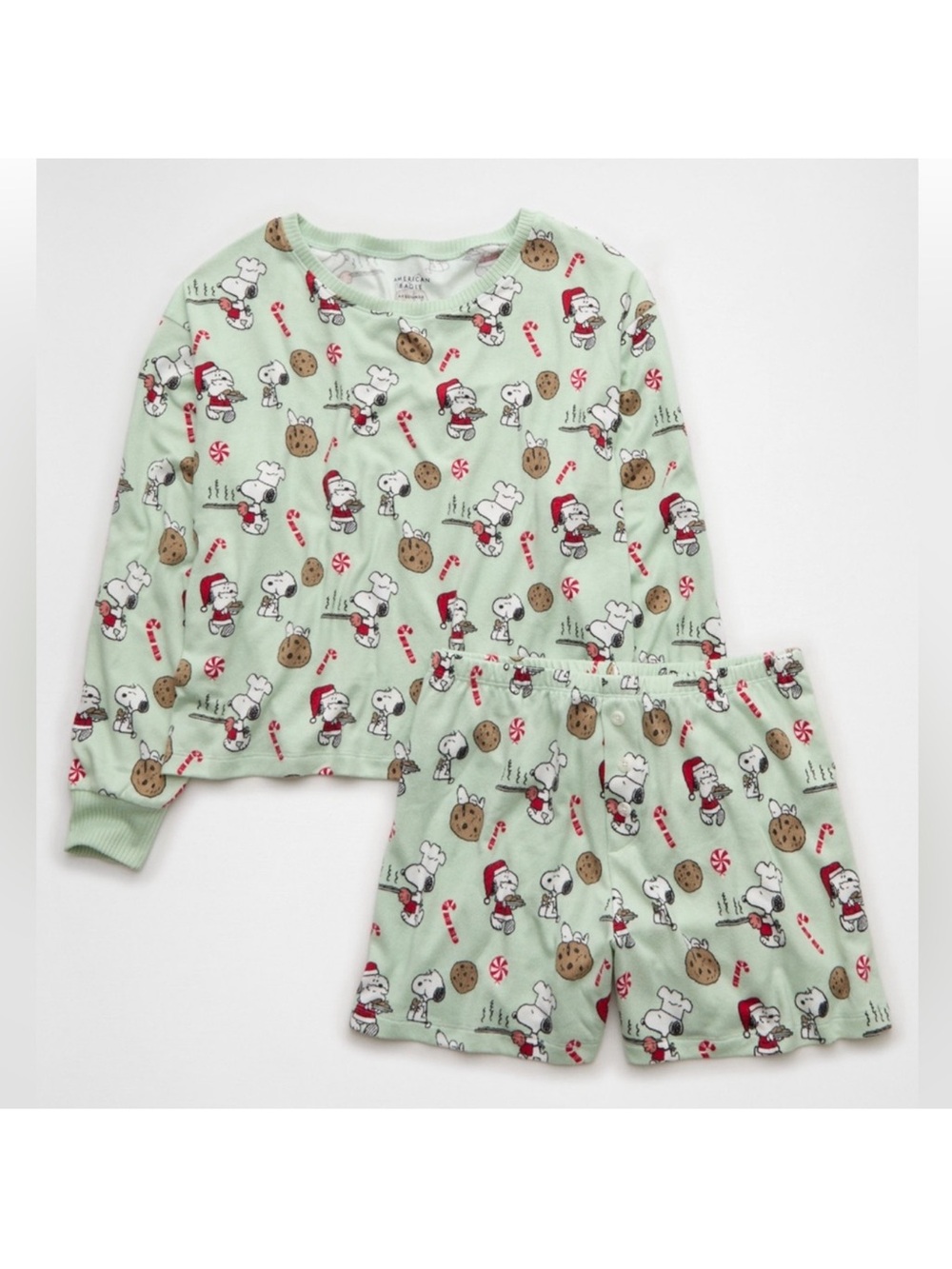 American Eagle Outfitters Mint Green Snoopy Holiday Pajama Set